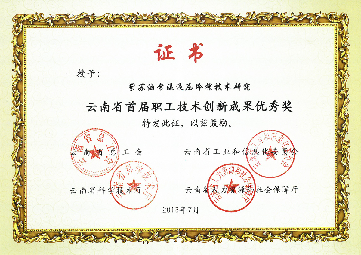 云南省首屆職工技術(shù)創(chuàng)新成果優(yōu)秀獎(jiǎng)